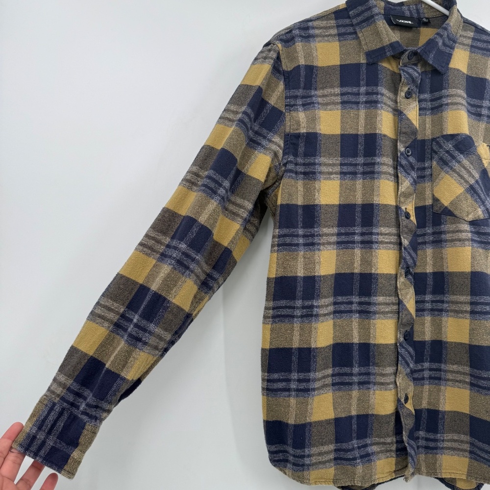 Vans Shirt Men Medium Yellow Blue Plaid Flannel Long Sleeve Button Up Cotton - Picture 3 of 12